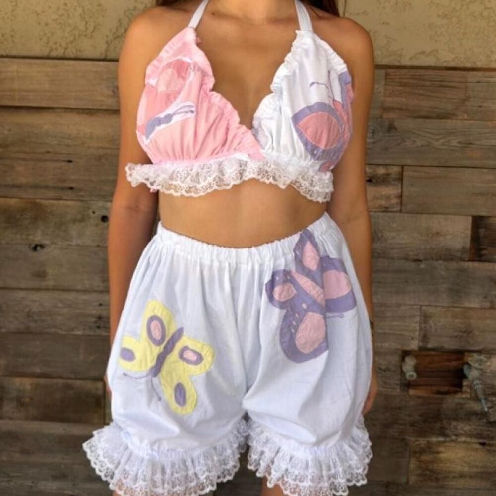 Handmade coquette womens embroidered lace bloomer set